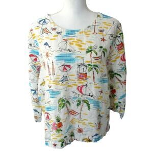 Hot Cotton Women's Multi Color Beach Print Long Sleeve Shirt Size XL ( READ )